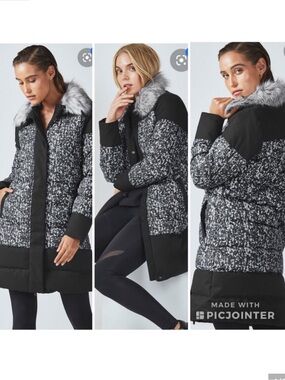 Fabletics Waco Confetti Print Puffer Winter Coat Jacket Black Dark Grey Womens